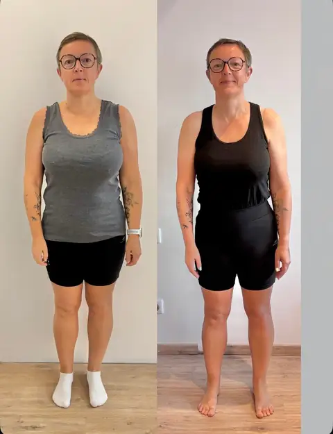 Une membre de Carnac Nutrition Club vue de face, au départ puis après son suivi, en un seul montage